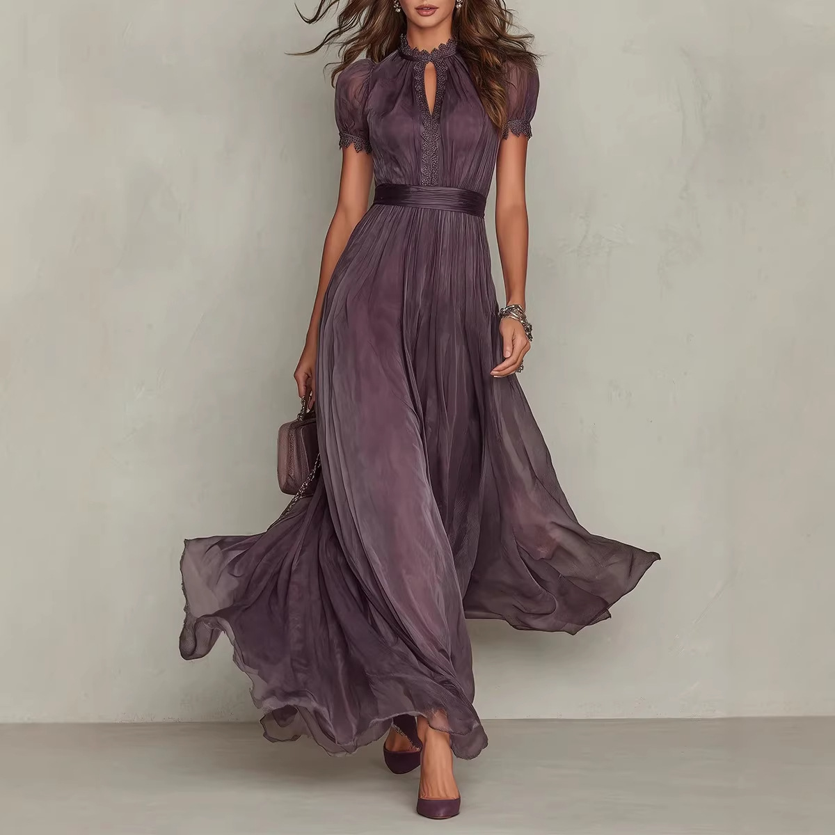 V-Neck Waist-Cinching Ruffle Floral Print Midi Dress
