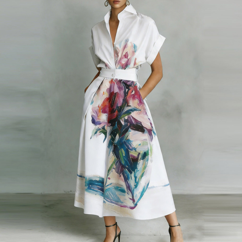 Floral Print Long Shirt Dress with Polo Collar