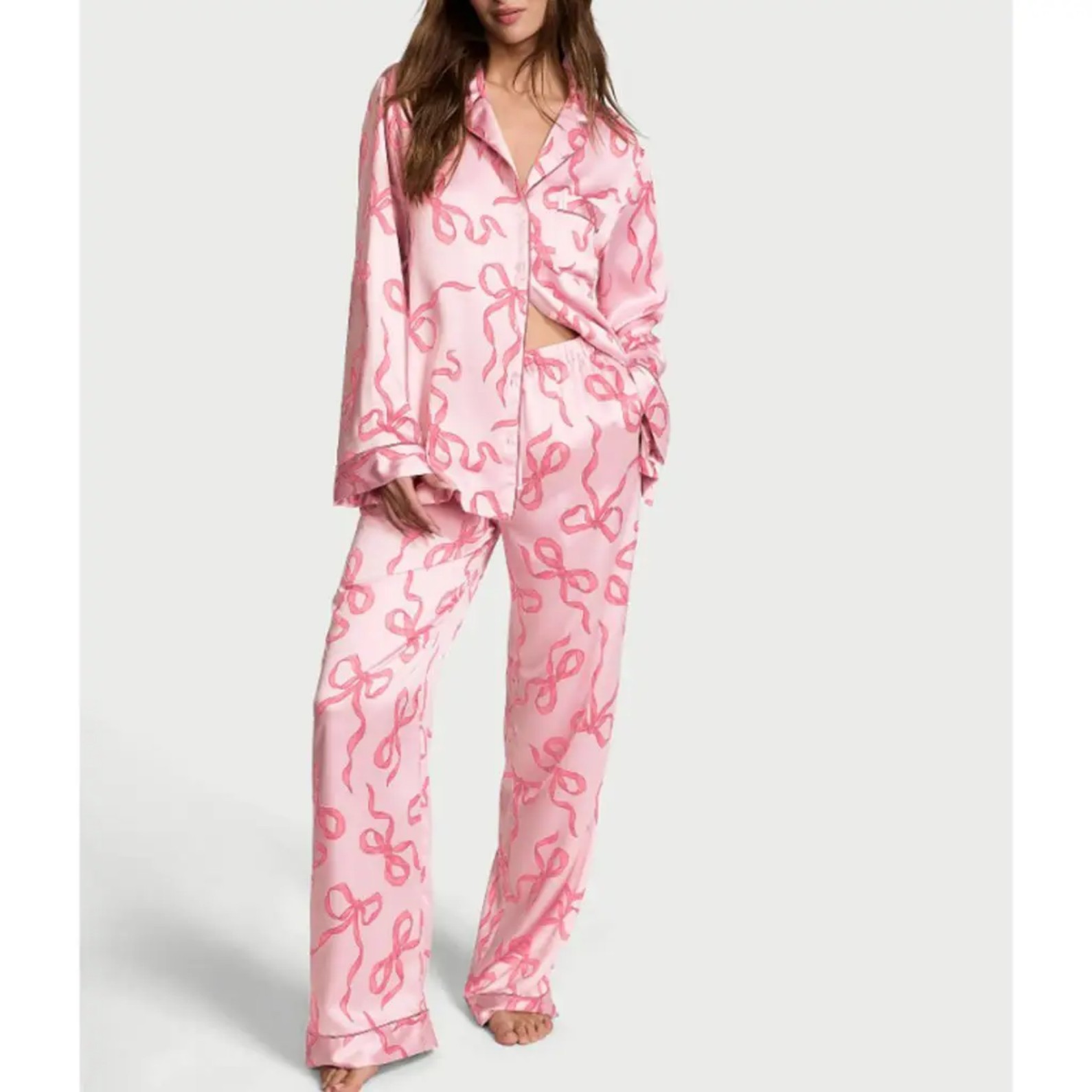 Women's Cuban Collar Bow Long Sleeve Top Set Casual Loungewear