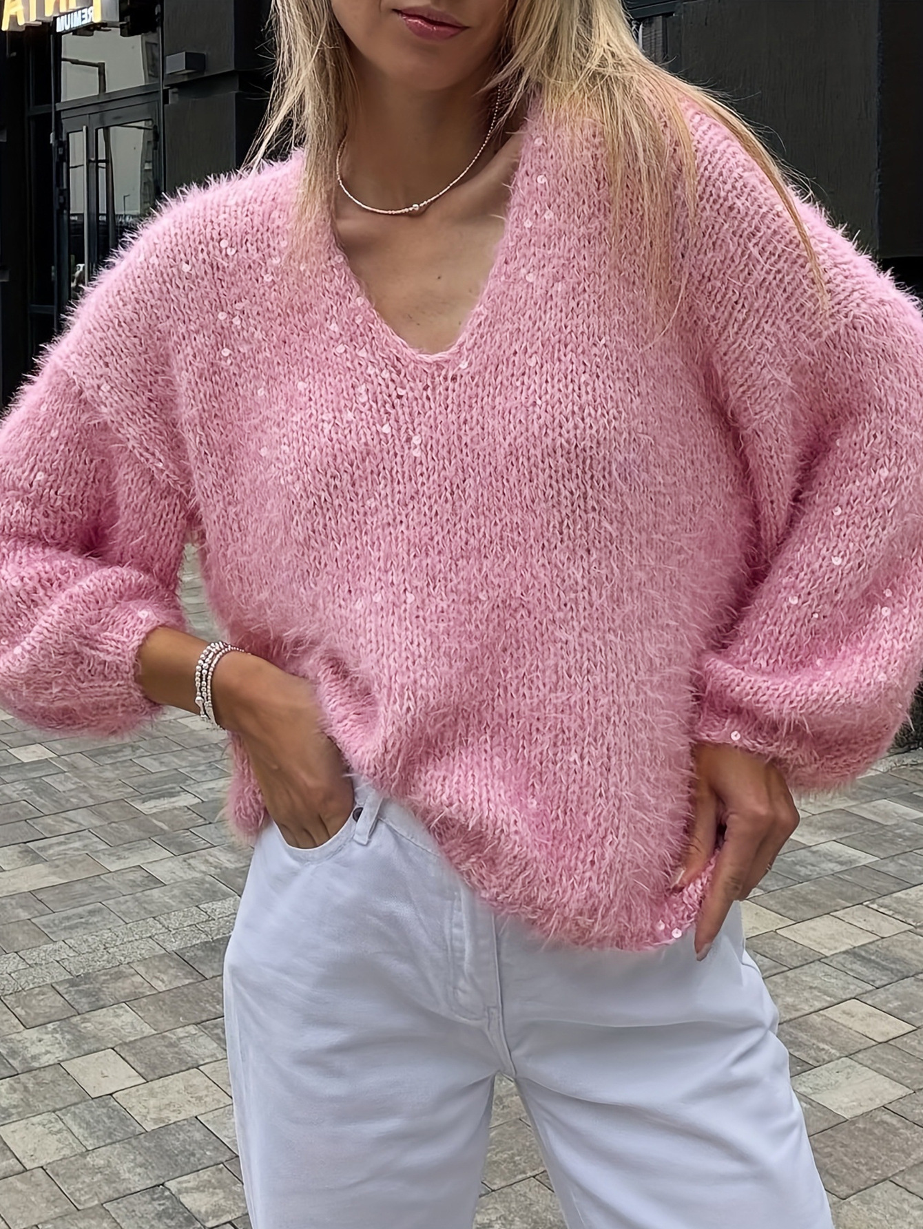Glitter V-Neck Pullover Sweater Pink Fuzzy Knit Top