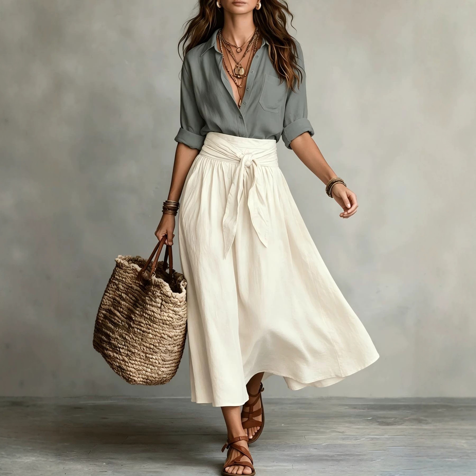 Women's Collared Shirt and Tie-Waist Midi Skirt Set