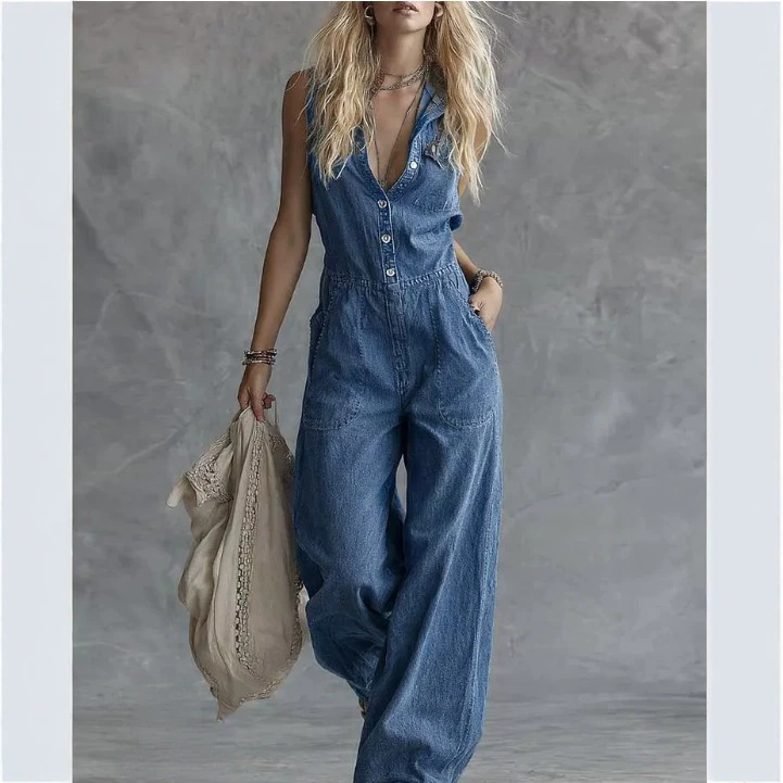 Washed Denim Sleeveless Straight-Leg Jumpsuit with Pockets