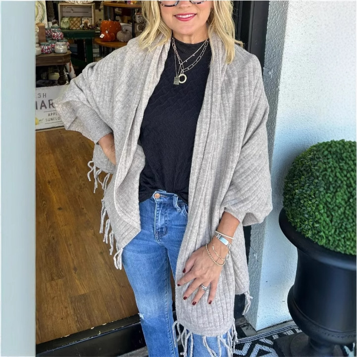Women's Solid Knit Fringe Shawl Cardigan