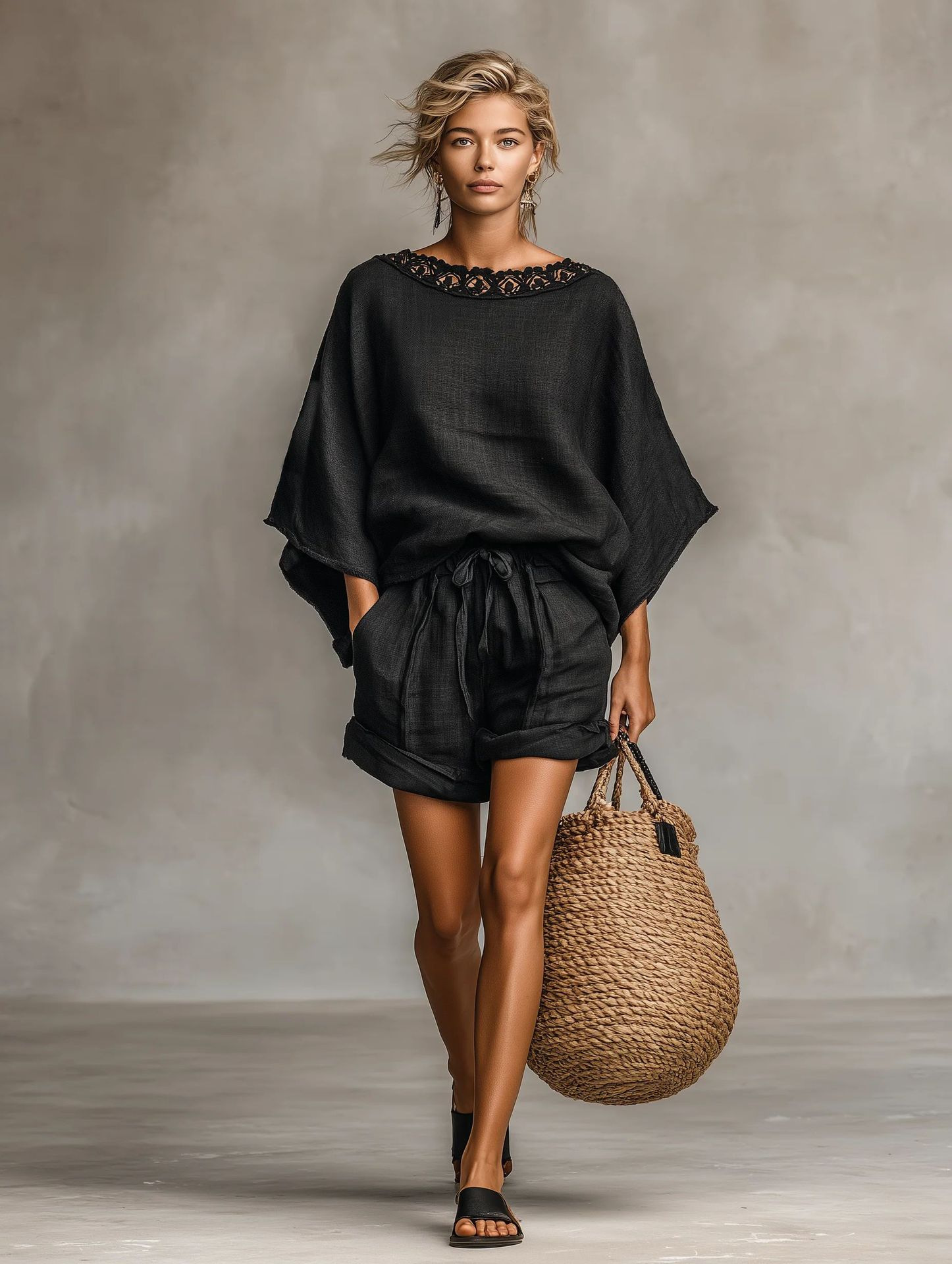 Women's Lace Trim Loose Batwing Sleeve Top