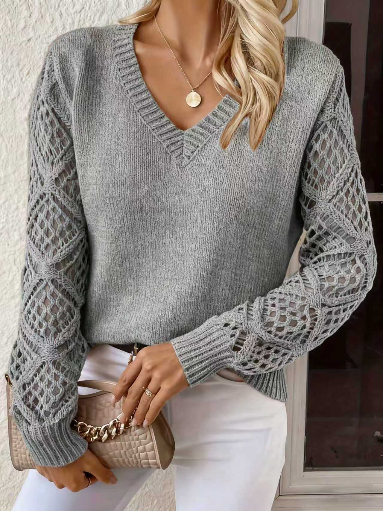 Women's Openwork Knit Sweater V-Neck Long Sleeve Pullover