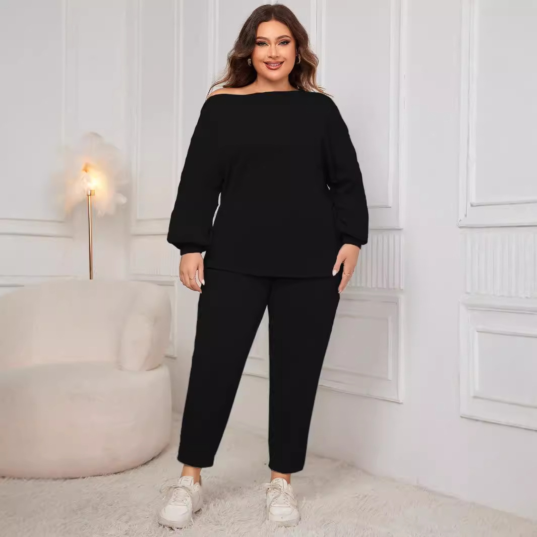Women's Off-Shoulder Long Sleeve Top and Pants Set Plus Size Casual