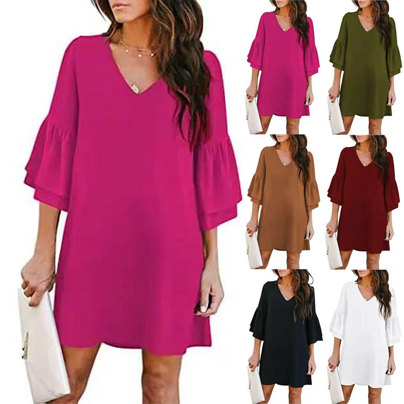 Women's Solid V-Neck Flare Sleeve Loose Dress