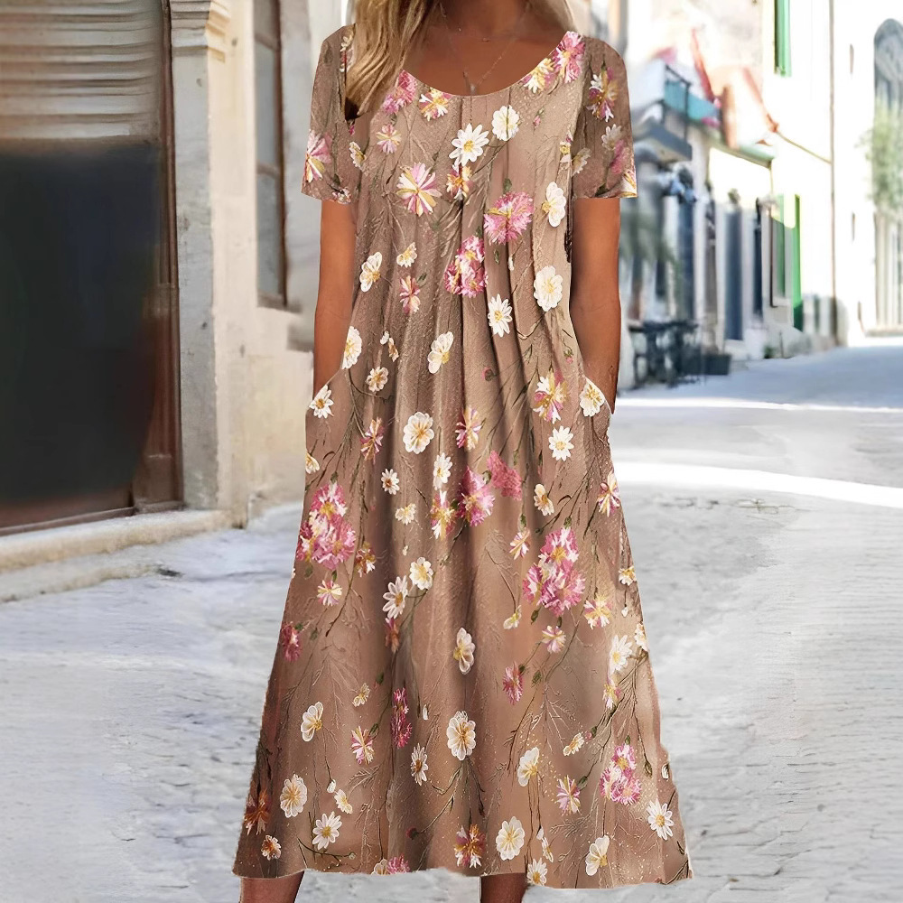 Women's Floral Round Neck Short Sleeve Pocket Dress
