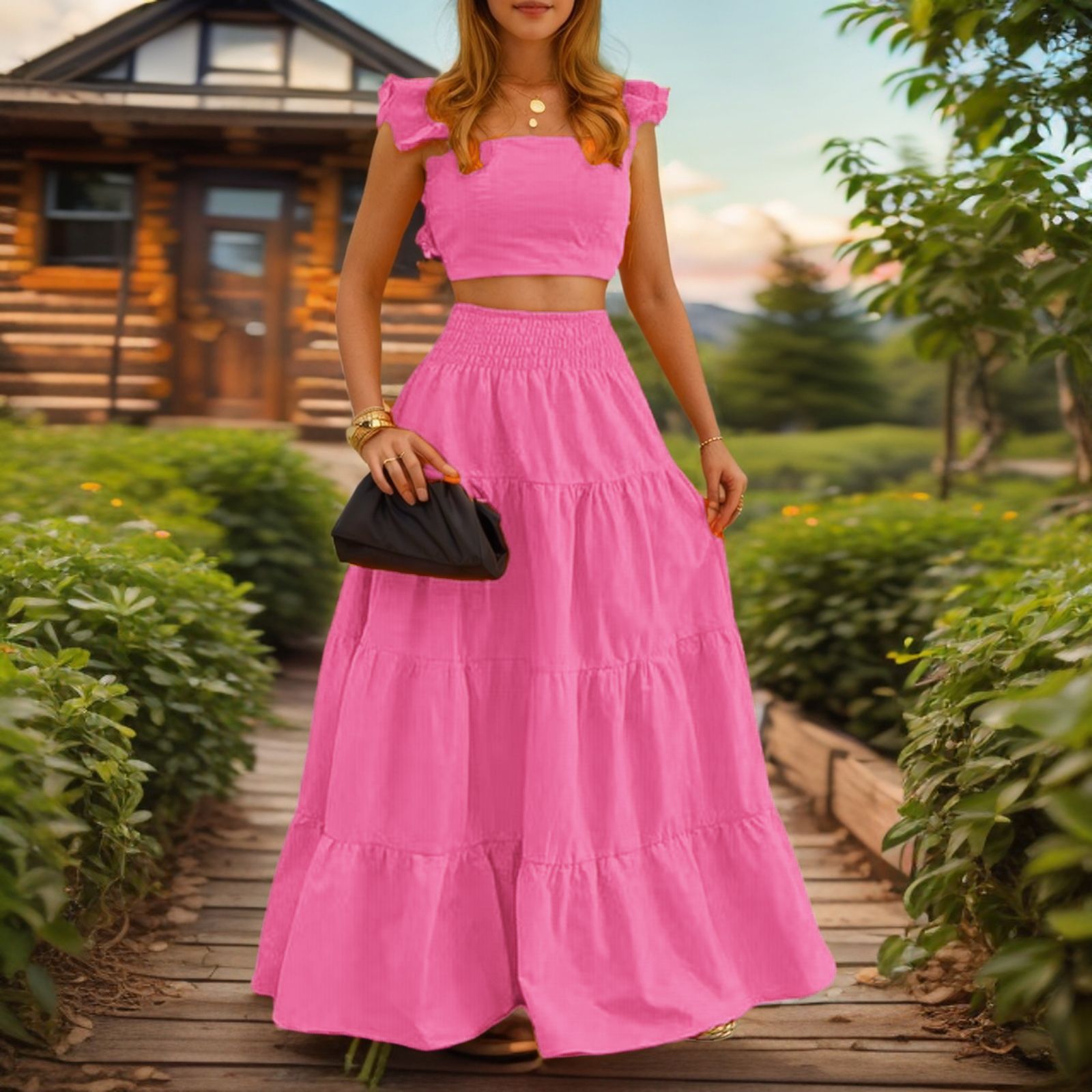 Women's Short Sleeve Top and Solid Midi Skirt Two-Piece Set