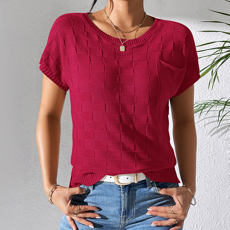 Women's Loose Knit Short Sleeve T-Shirt Solid Color Crew Neck Casual Top