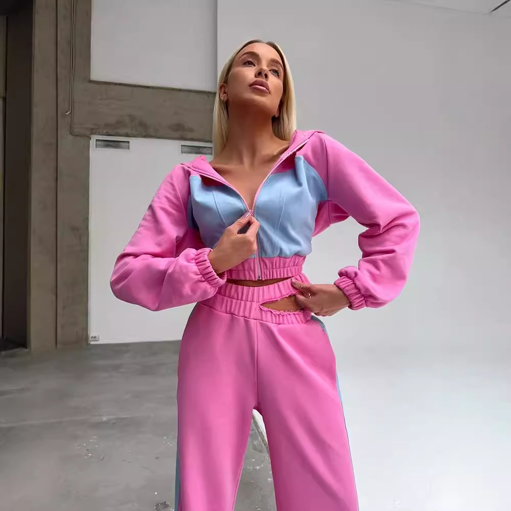 Women's Color-Block Zip Cardigan and Pants Two-Piece Set