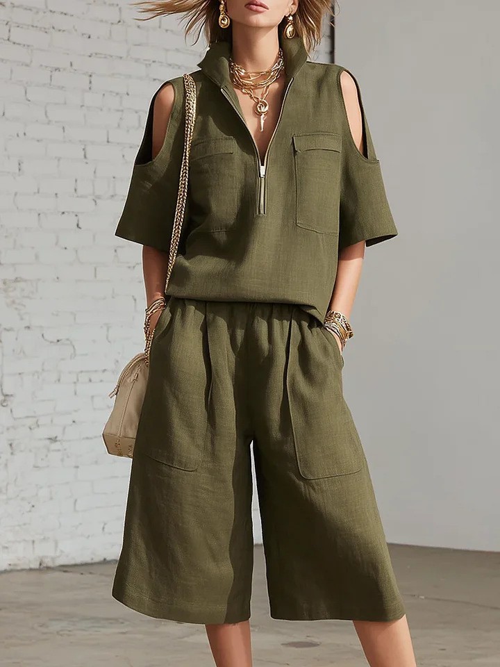 Women's Short Sleeve T-Shirt and Shorts Set Solid Color Loose Fit