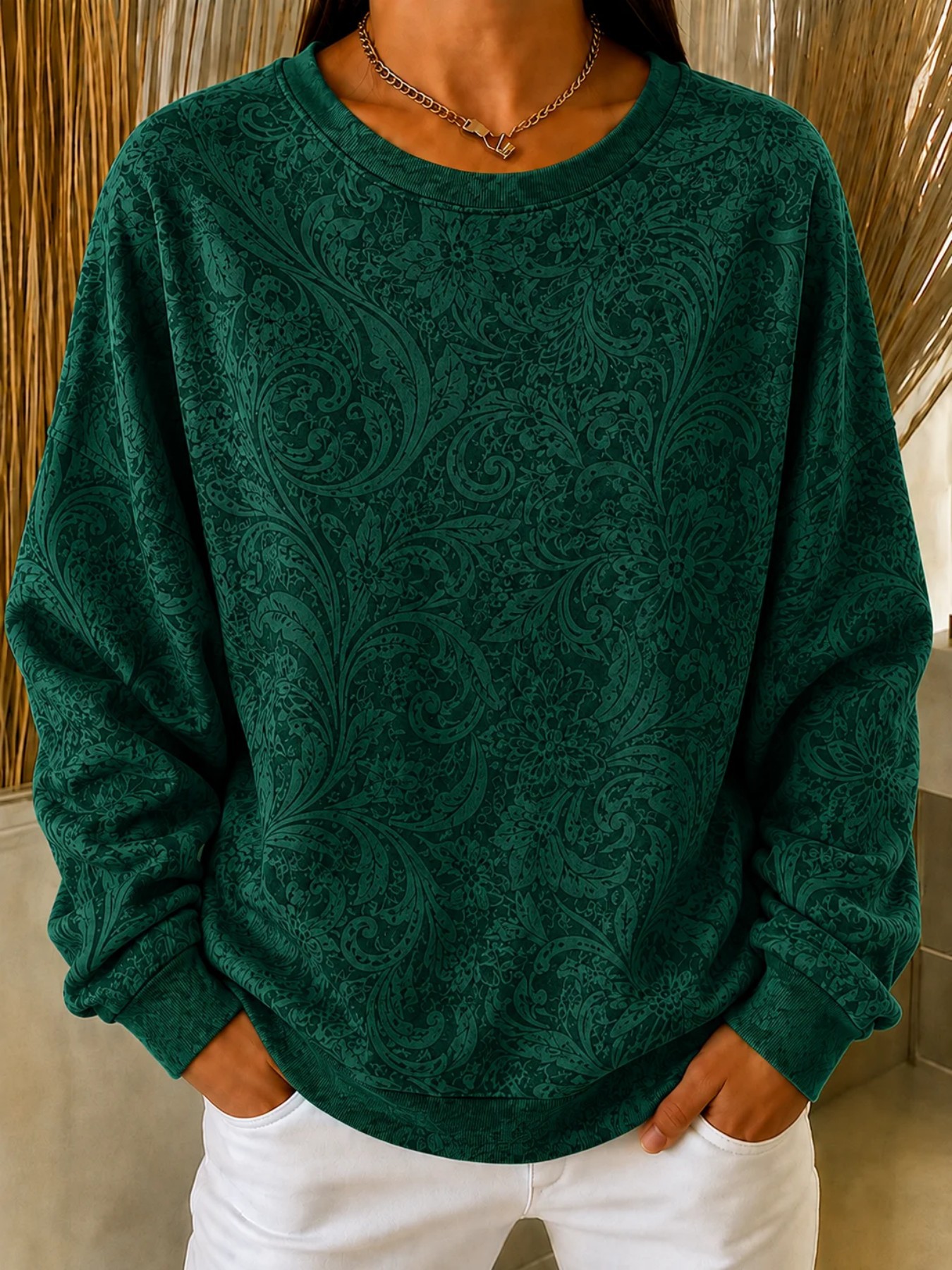 Bohemian Print Crewneck Long Sleeve Pullover Sweatshirt