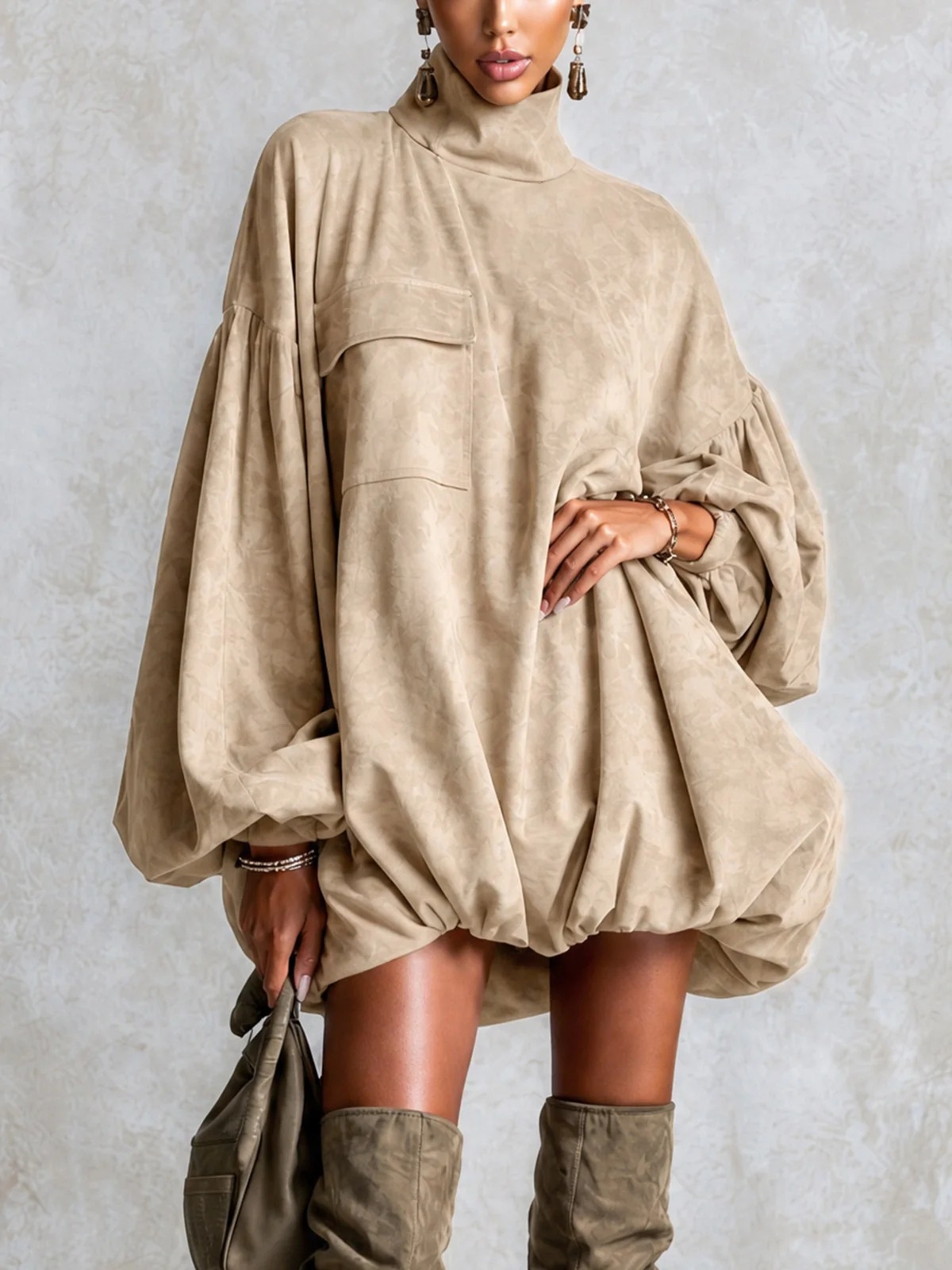 Khaki High Neck Lantern Sleeve Pocket Loose Bubble Hem Mini Dress