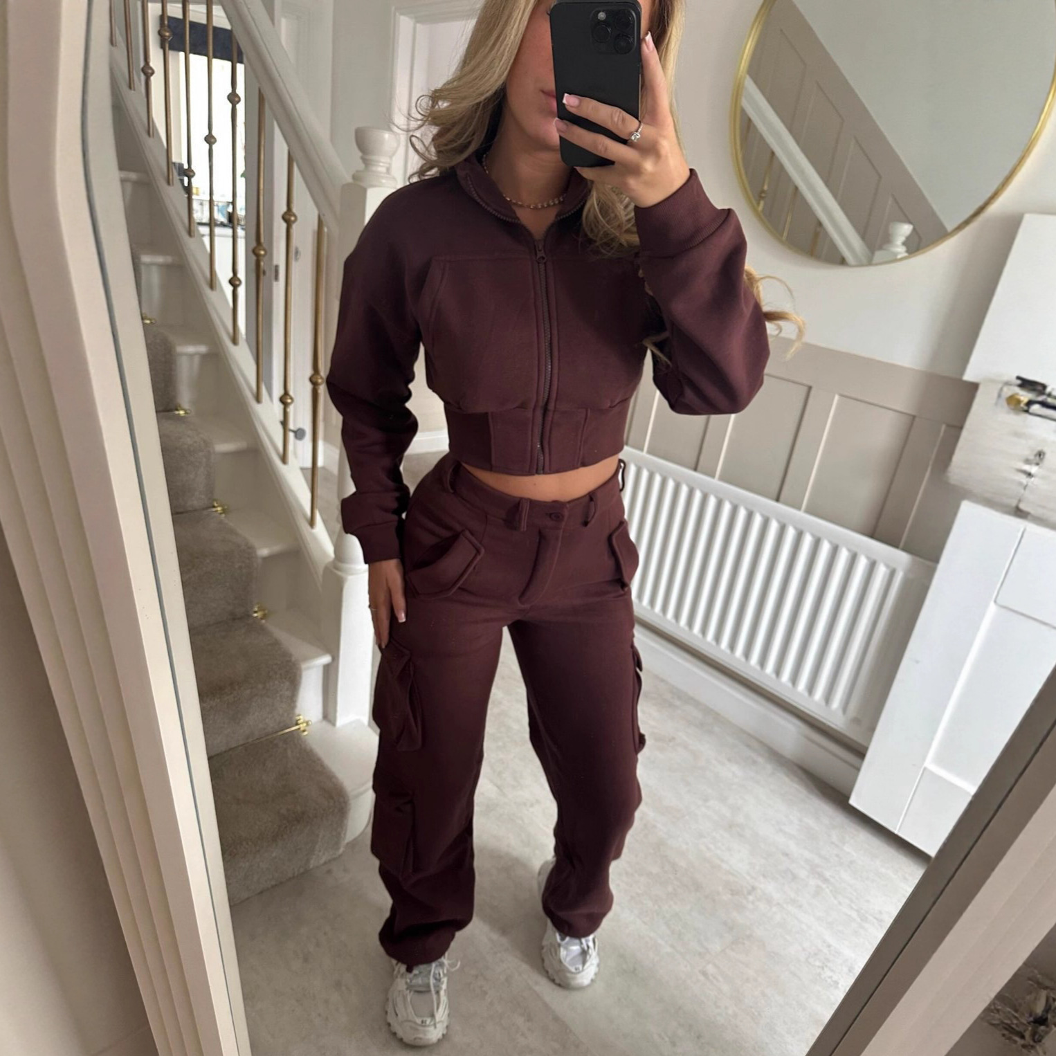 Women's Stand Collar Zip Cardigan & Multi-Pocket Pants Set