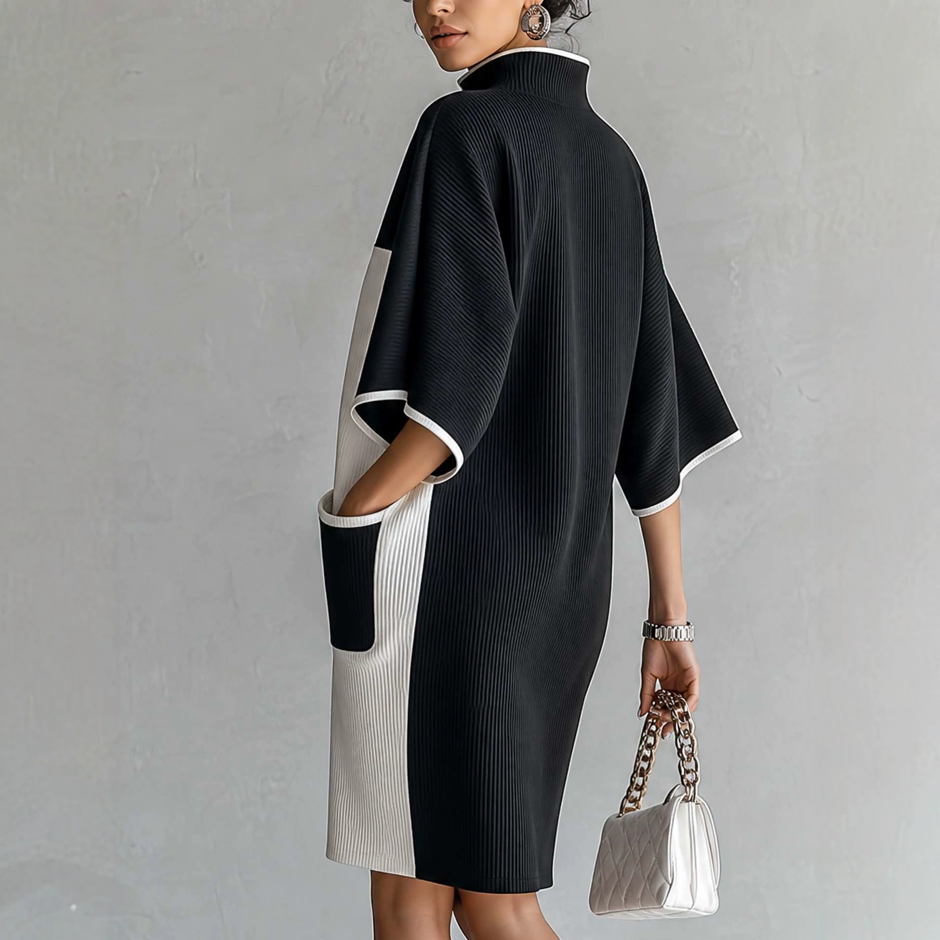 Color-Block Ribbed Knit Bodycon Dress with Stand Collar and V-Neck