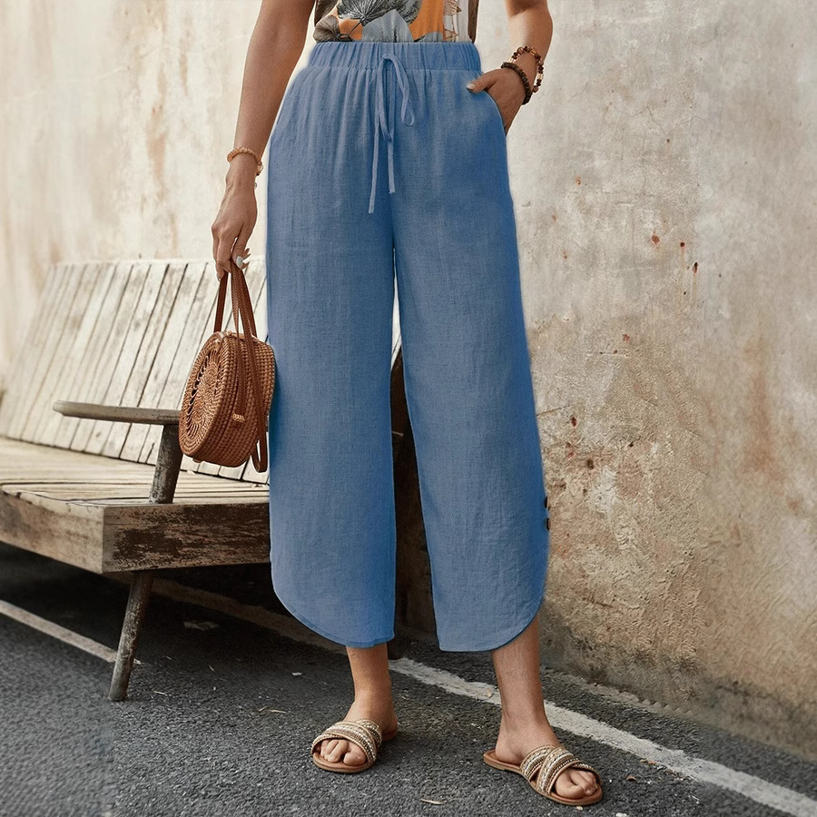 Women's Casual Cotton Linen High Waist Wide Leg Cropped Pants