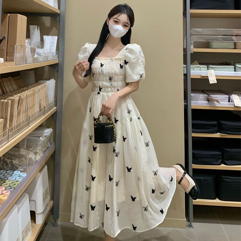 Square Neck Puff Sleeve Floral Dress Women's Summer French Style Slimming A-Line Midi