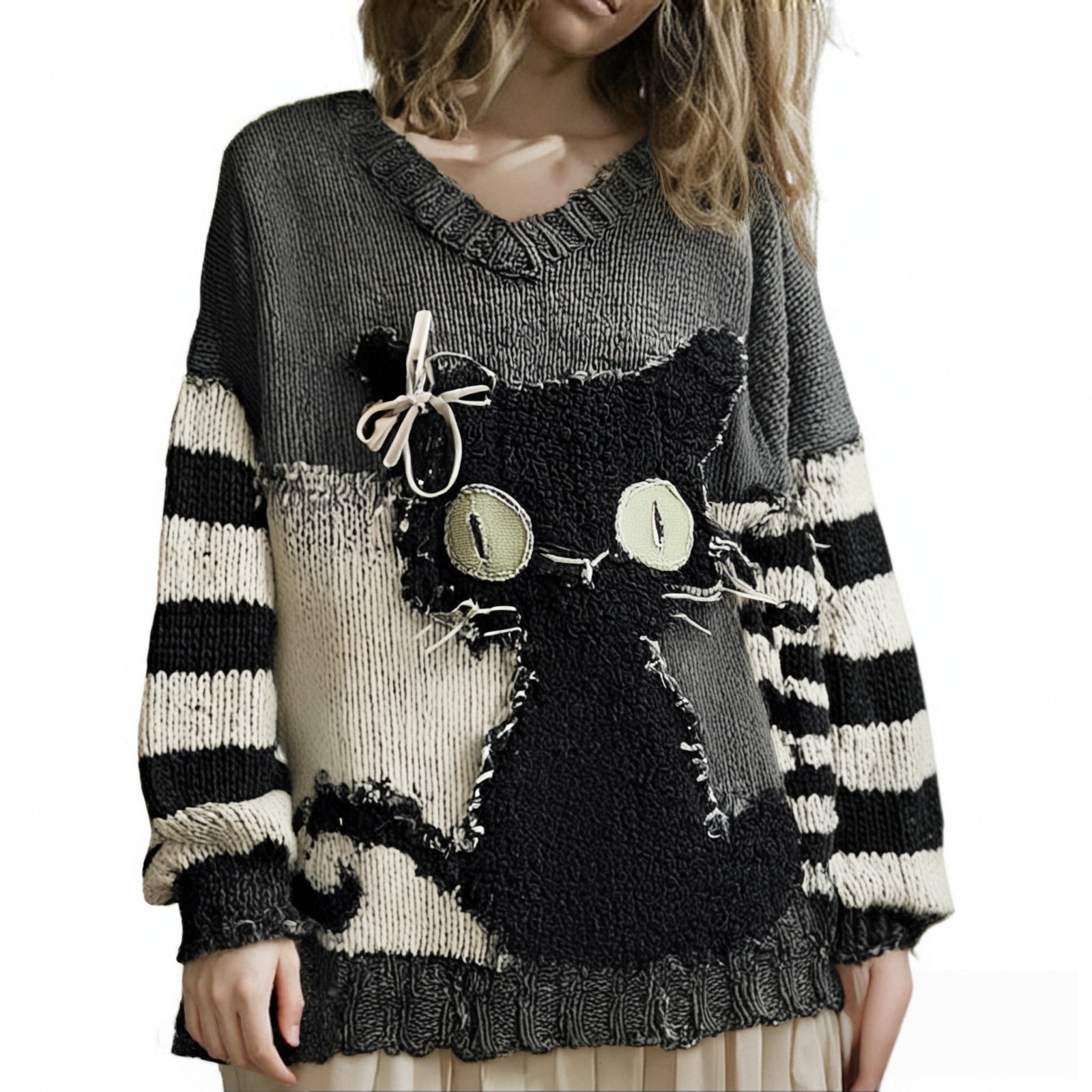 Women's Evil Smiley Cat Print Crewneck Sweatshirt