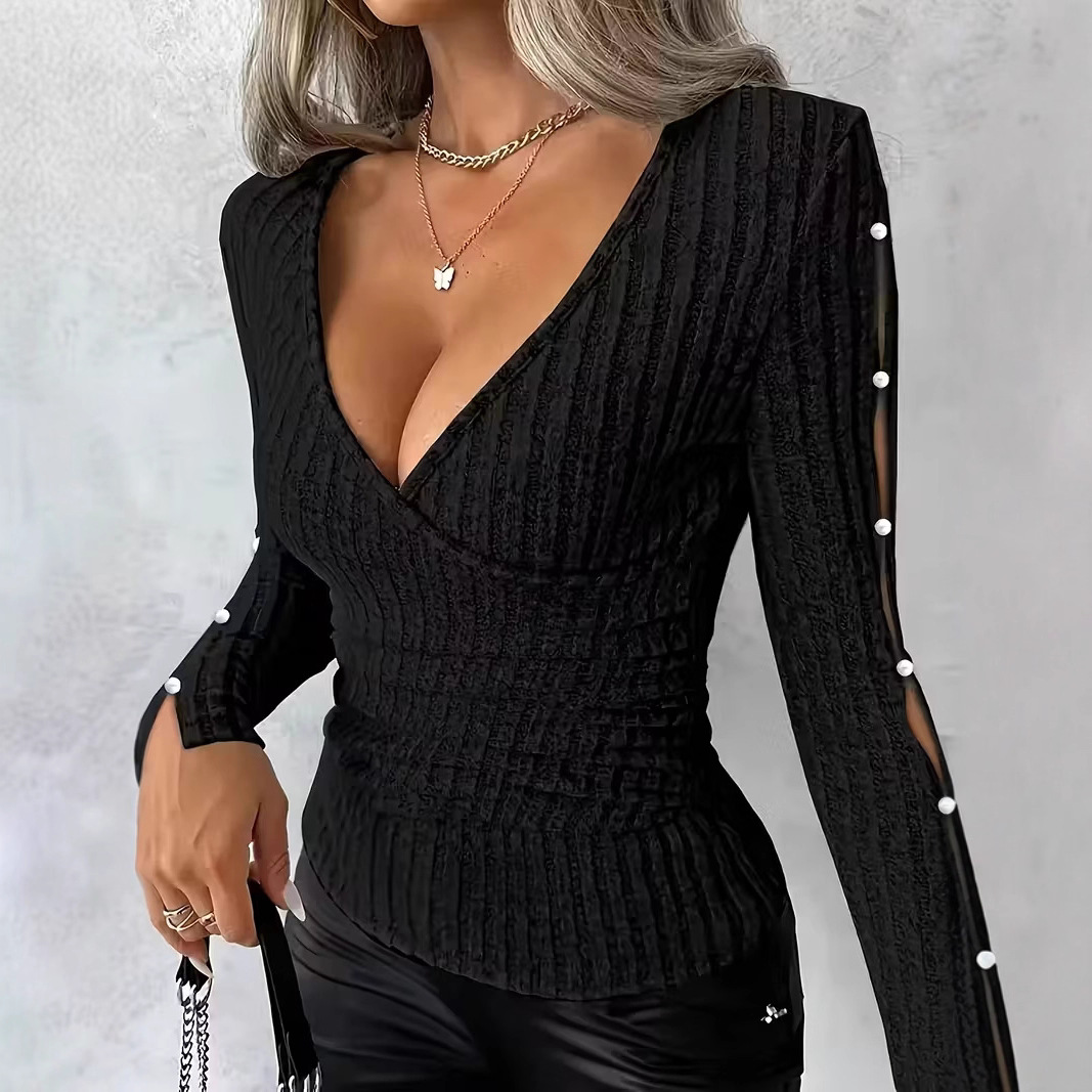 Women's Cross V-Neck Faux Pearl Button Ribbed Knit Top