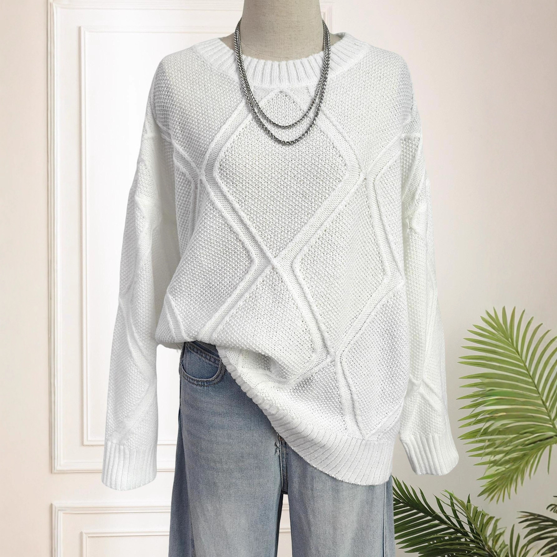 Women's Argyle Jacquard Pullover Sweater Loose Casual Crew Neck Long Sleeve