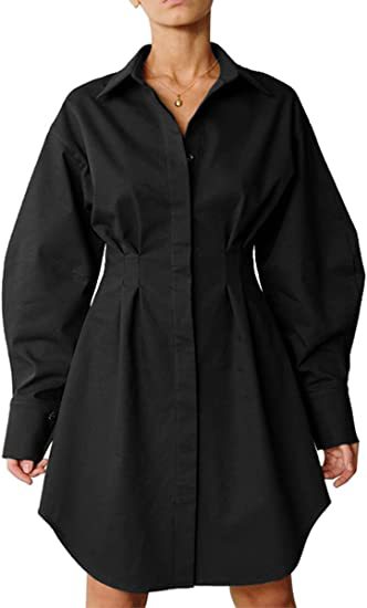 Women's Shirt Dress with Waist Tie, Slimming Long Sleeve, Retro A-Line Mini