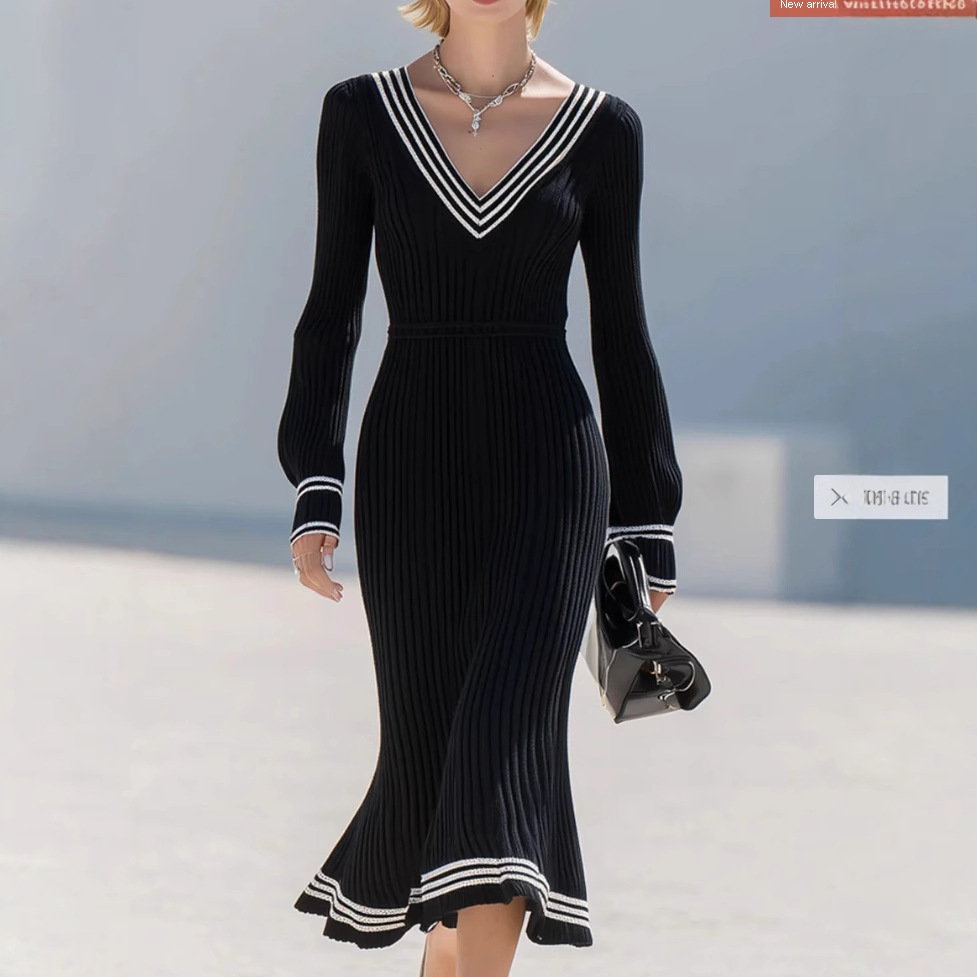 V-Neck Long Sleeve Ribbed Waist-Cinching A-Line Maxi Dress