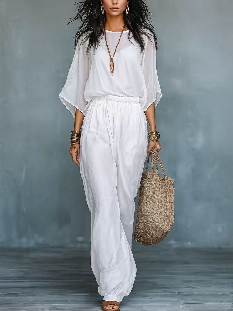 Boho Lightweight Batwing Sleeve Top & High-Waist Wide-Leg Pants Set