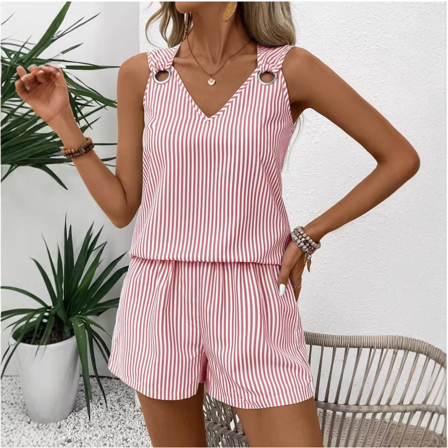 Women's Sleeveless Metal Ring Solid Color Casual Pants Set