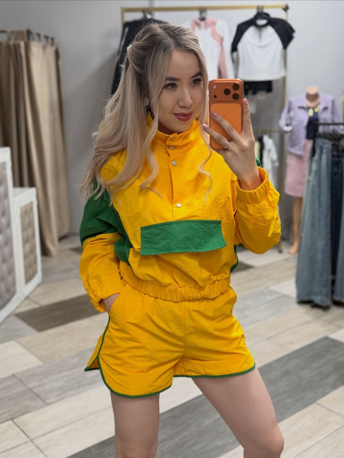 Colorblock Two-Piece Lightweight Stand Collar Drawstring Jacket and Elastic Waist Shorts Set