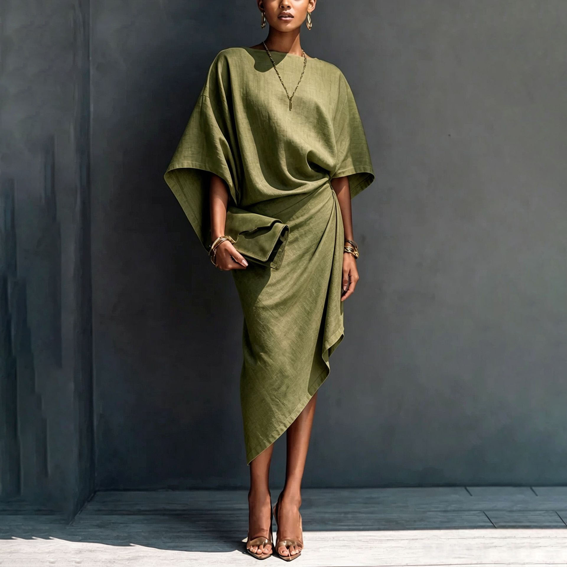 Women's Pleated Solid Color Midi Dress Short Sleeve High Waist