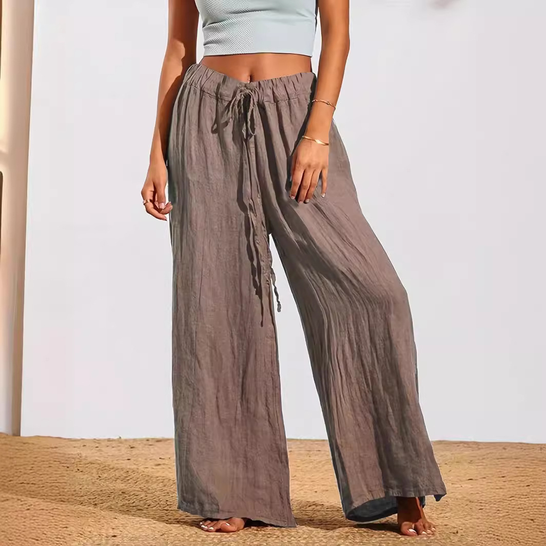 Women's Cotton Wide-Leg Drawstring Pants with Slit