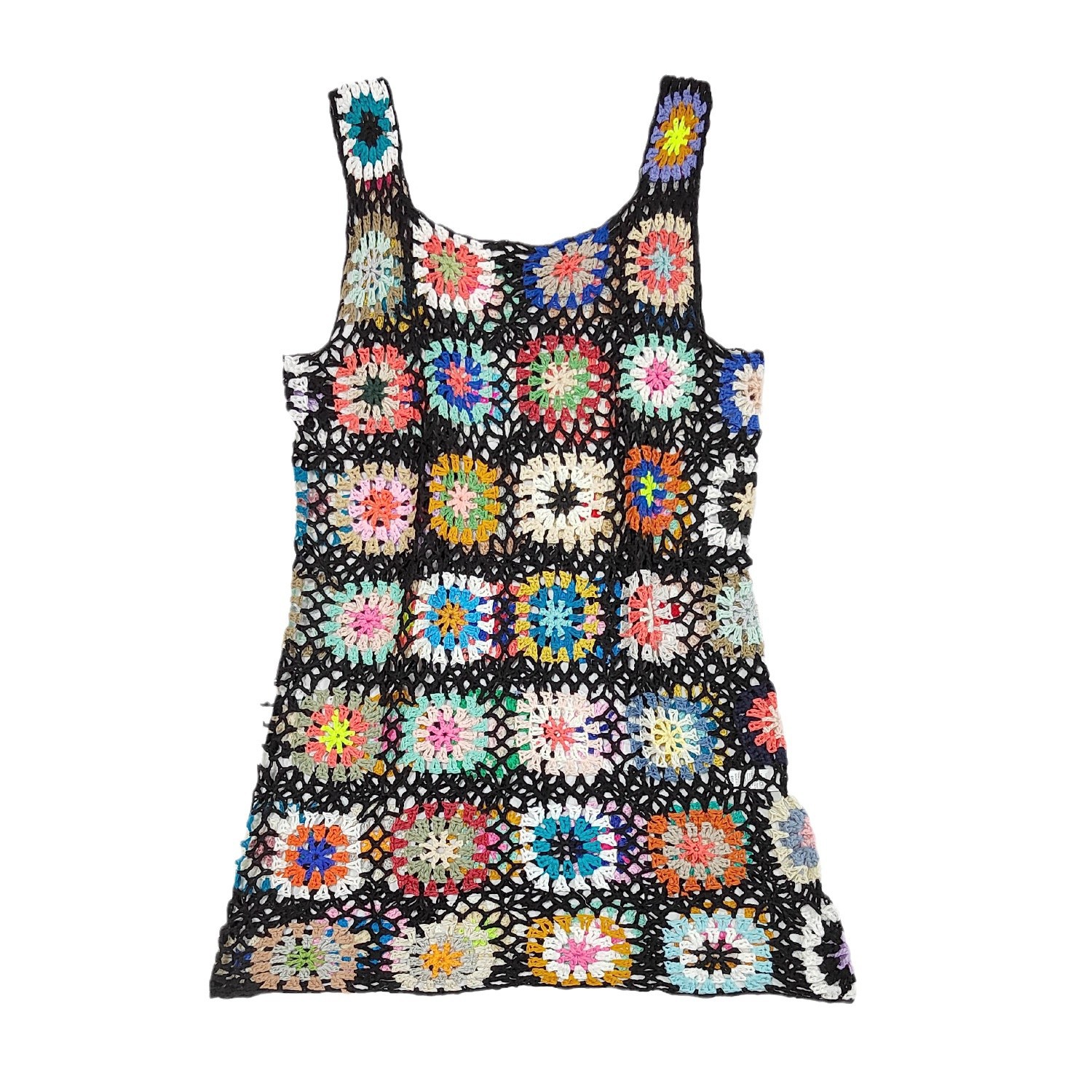 Bohemian Hand-Crocheted Hollow Out Cami Dress Sexy Diamond Grid Vest Dress