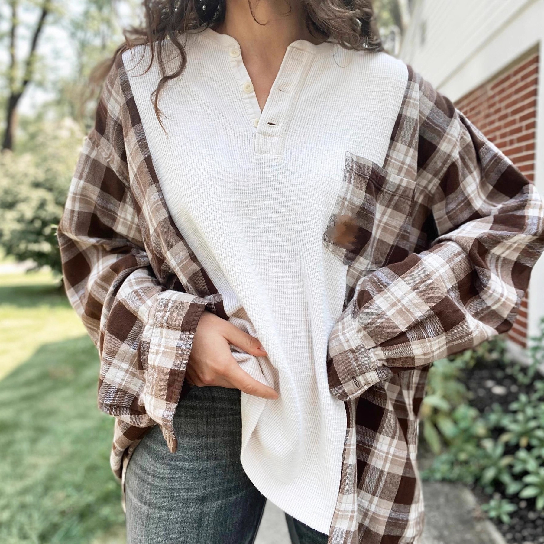 Women's Half-Open Collar Long-Sleeve Plaid Panel Knit Sweater with Pockets