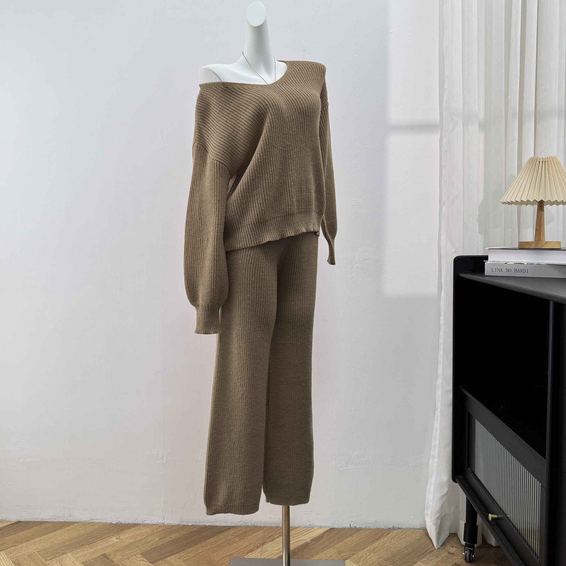 Women's V-Neck Loose Knit Top & Wide-Leg Pants Two-Piece Sweater Set