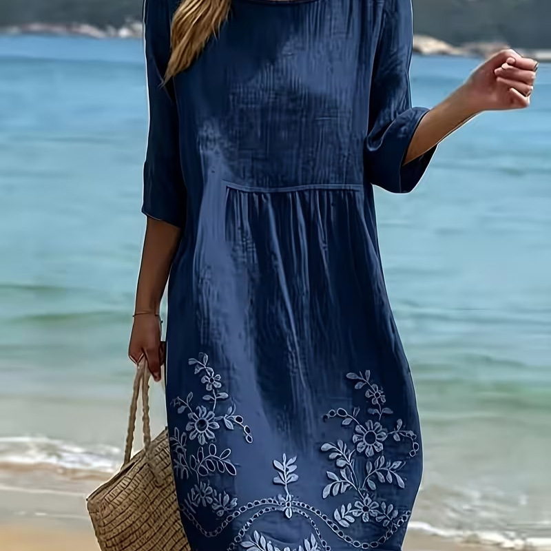 Women's Floral Print Pleated Midi Dress Round Neck Half Sleeve