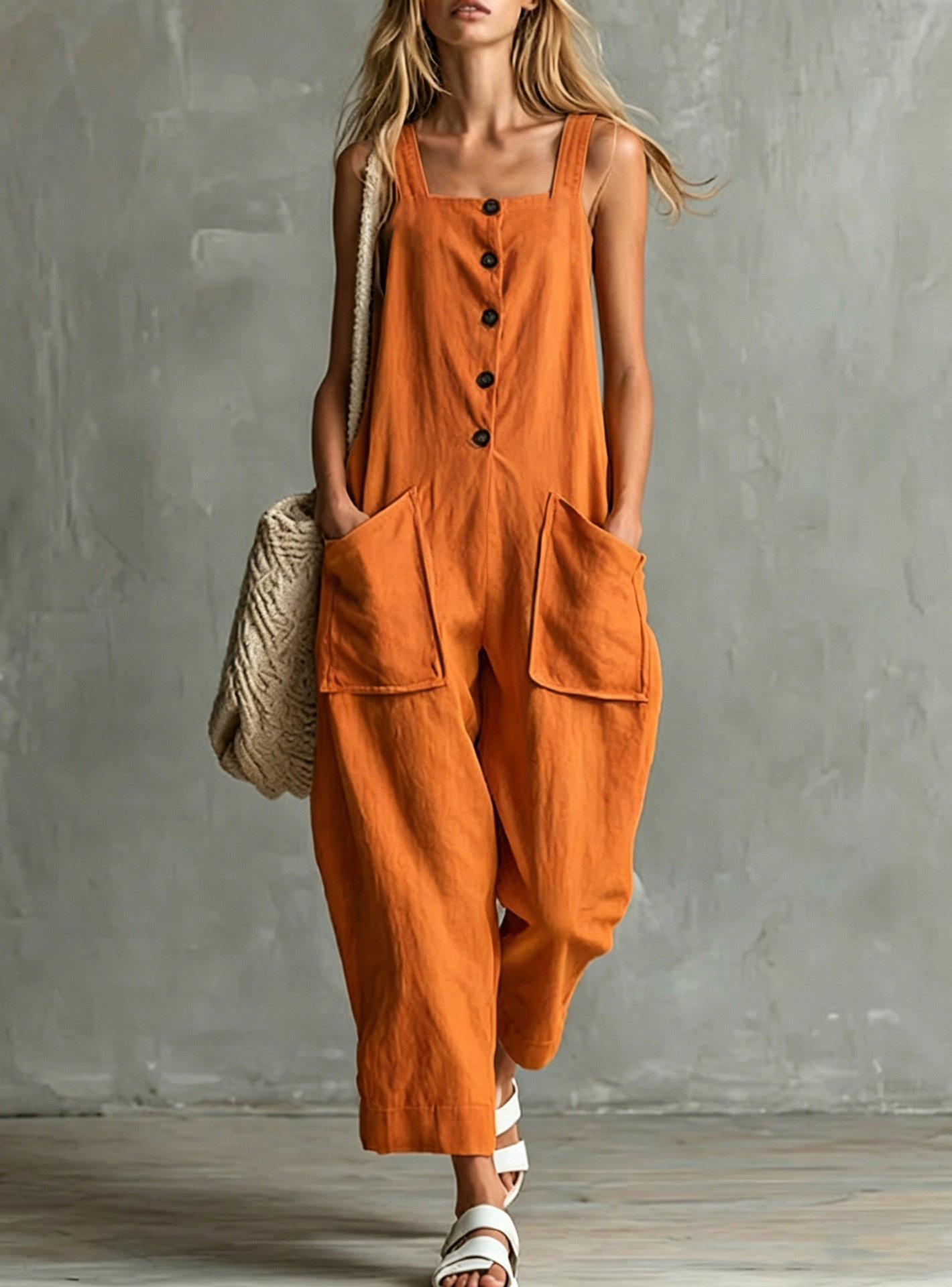 Women's Linen-Blend Wide-Leg Jumpsuit with Pockets