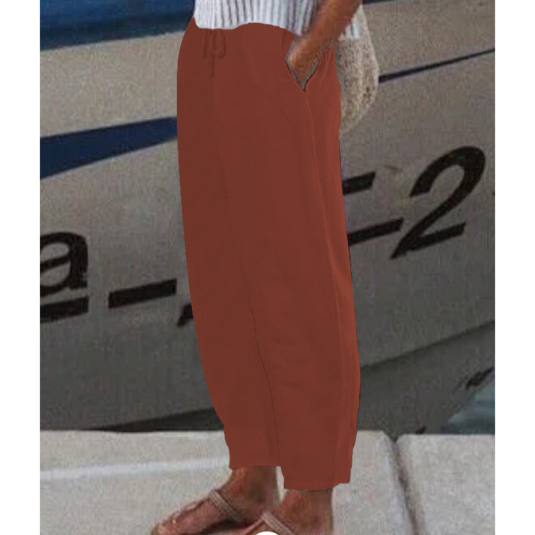 Women's Solid Color Casual Cotton Linen Pants with Elastic Waist