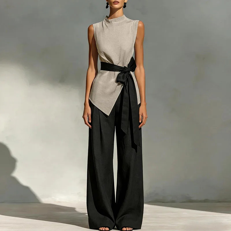 Tencel Linen Sleeveless Tie Top & Wide-Leg Pants Set