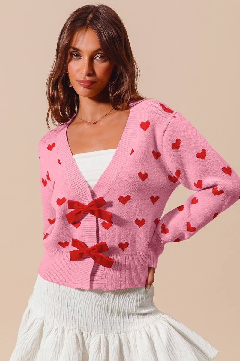 V-Neck Heart Knit Cardigan with Bow Buttons