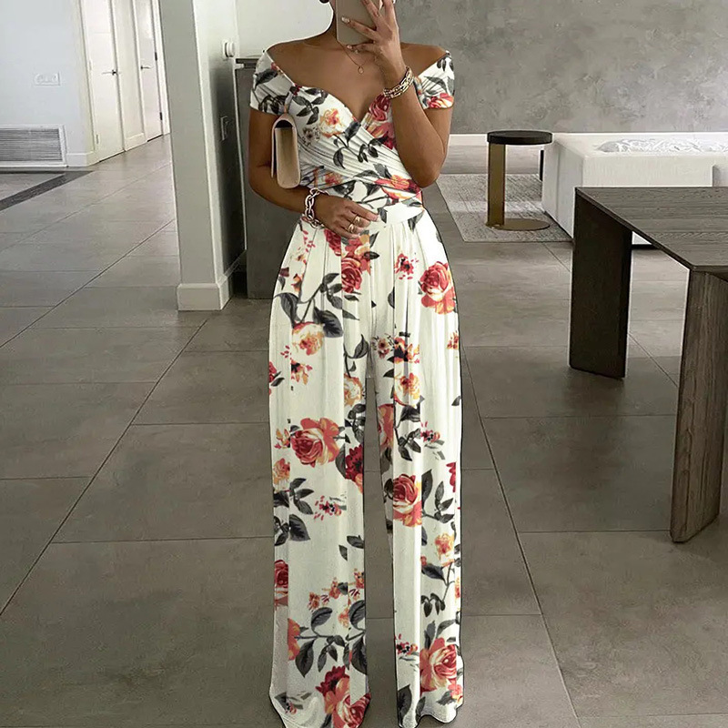 Women's Solid V-Neck Slim Waist Wide-Leg Jumpsuit