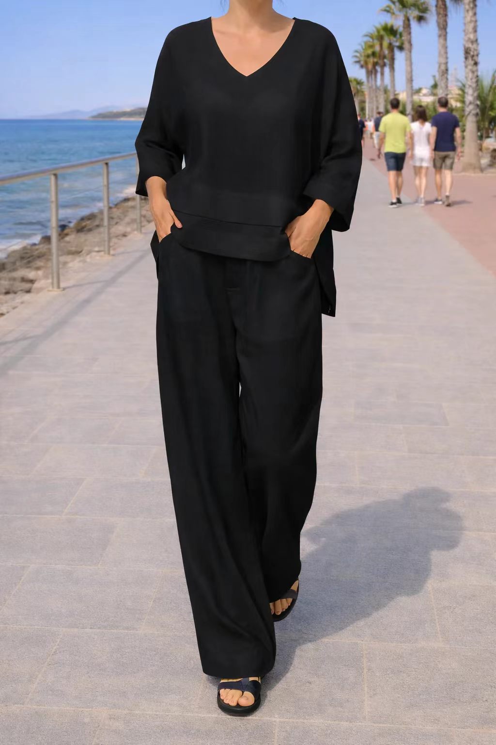 Solid Color Crewneck Long Sleeve Top and Straight Leg Pocket Pants Two-Piece Set