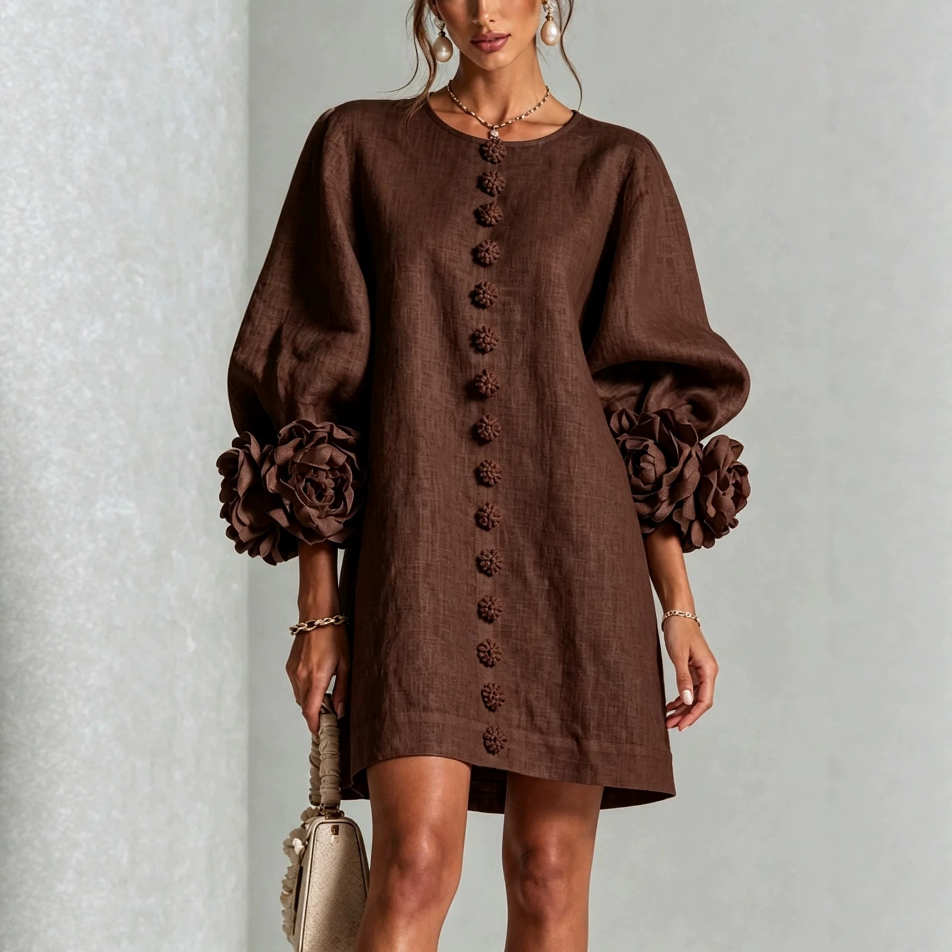 French 3D Floral Lantern Sleeve Cotton Linen Dress Round Neck Button Front Loose Short