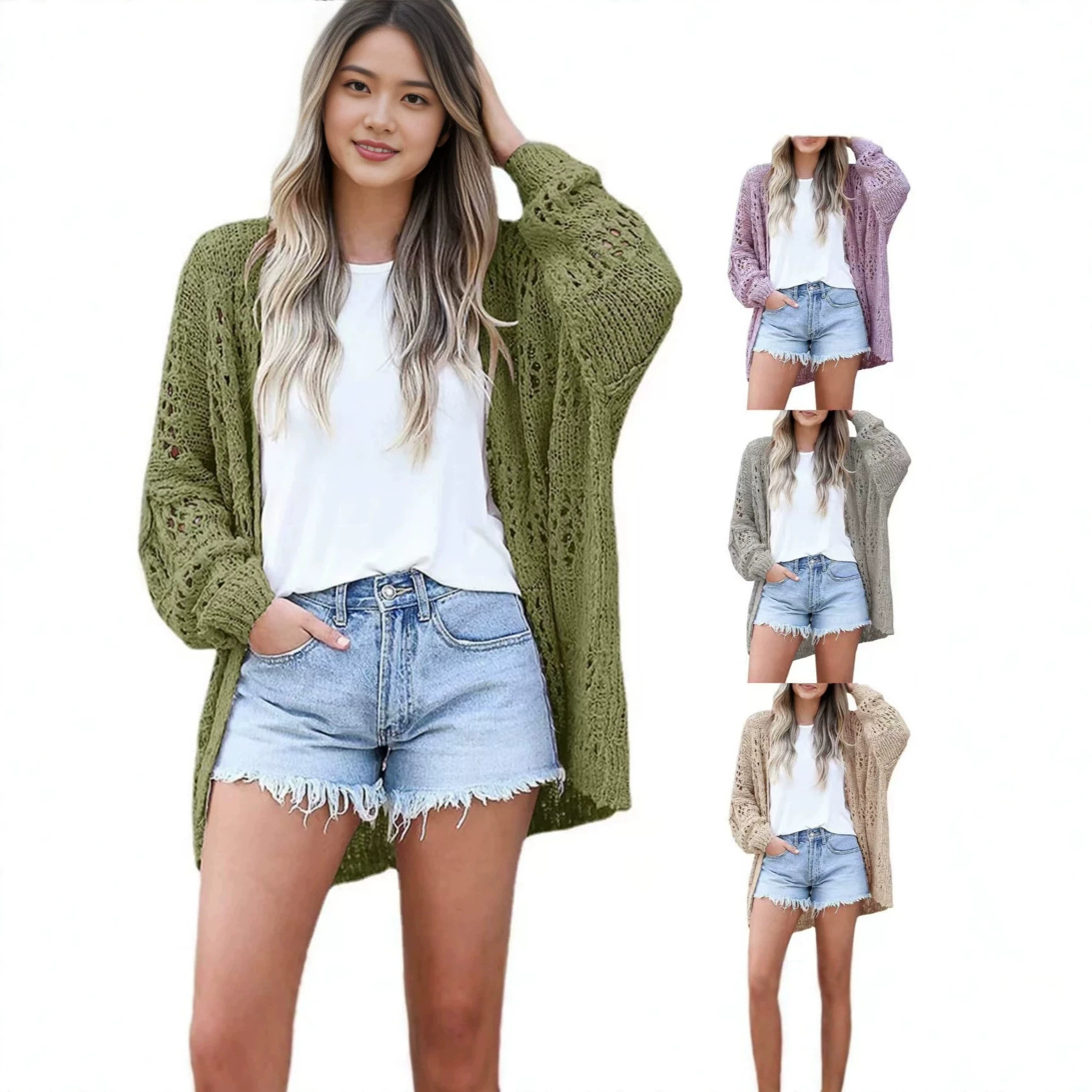 Women's Open Front Hollow Out Knit Cardigan Loose Solid Color