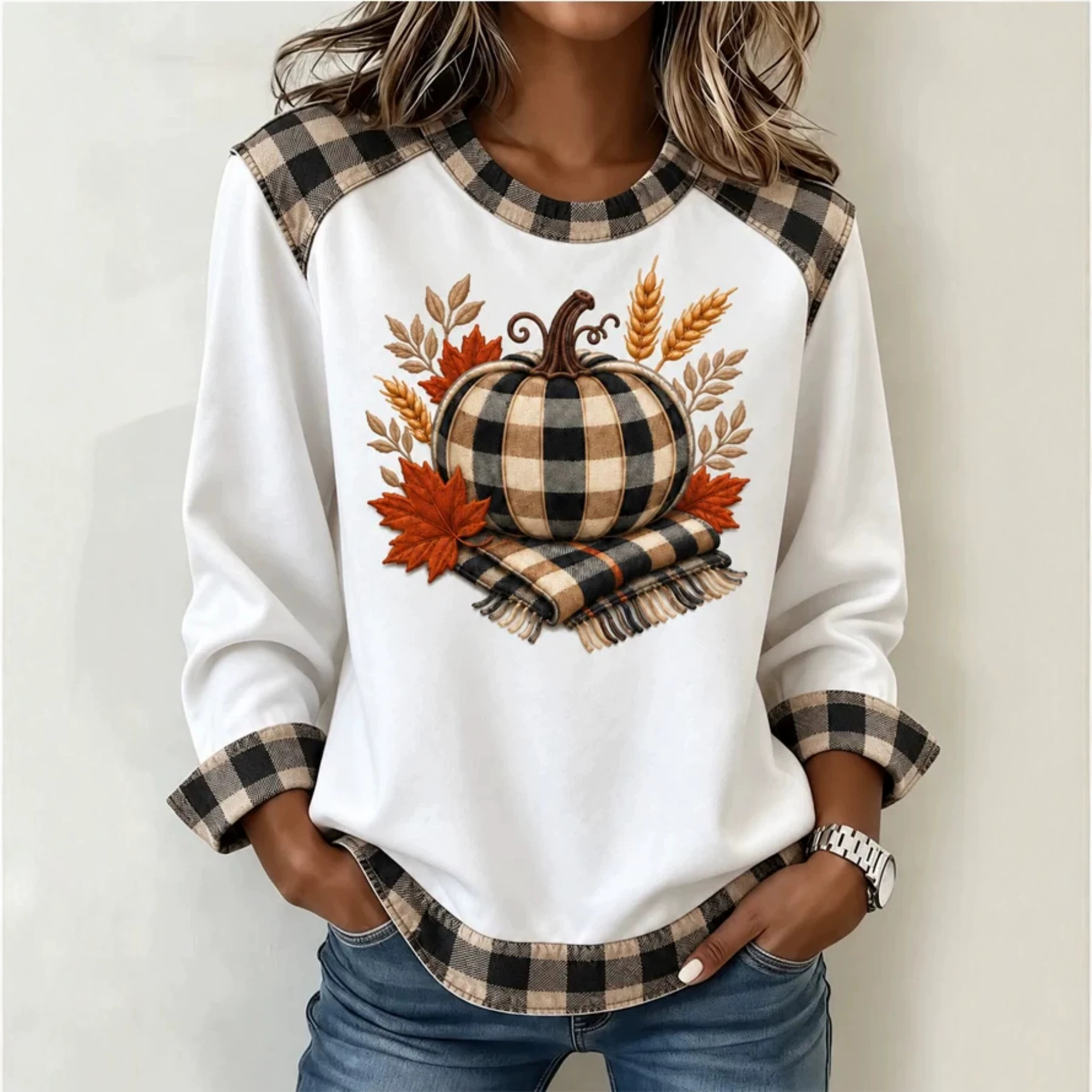 Pumpkin Maple Leaf Plaid Print Crewneck Long Sleeve Pullover Sweatshirt