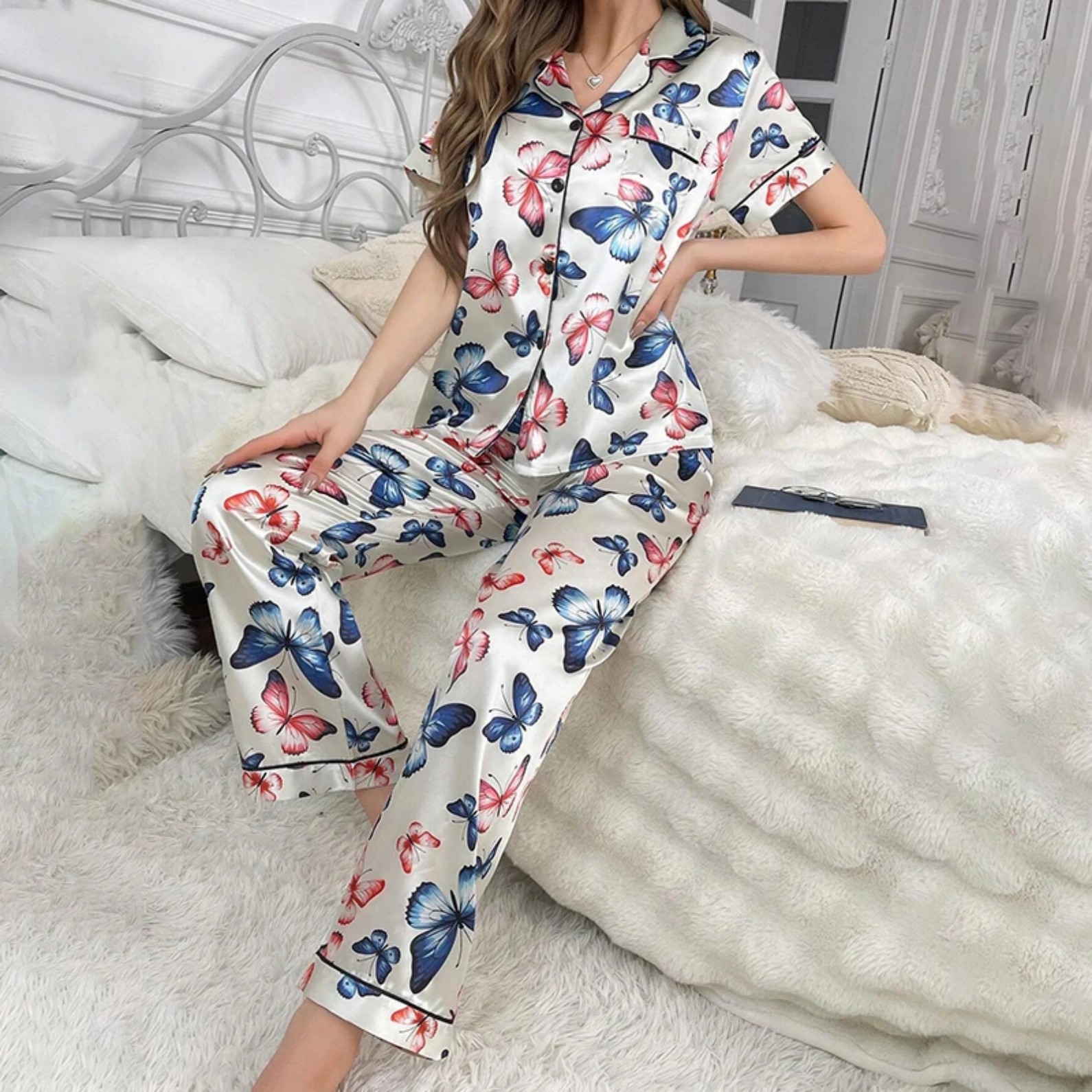 Women's Cuban Collar 3D Print Short Sleeve Shirt & Pants Loungewear Set