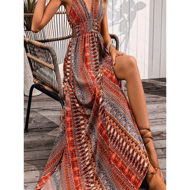 Bohemian Deep V-Neck Printed Cami Maxi Dress