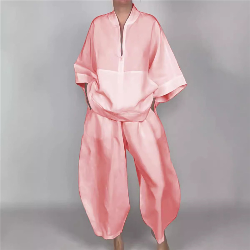 Relaxed Solid Half-Zip Top and Bloomer Pants Set