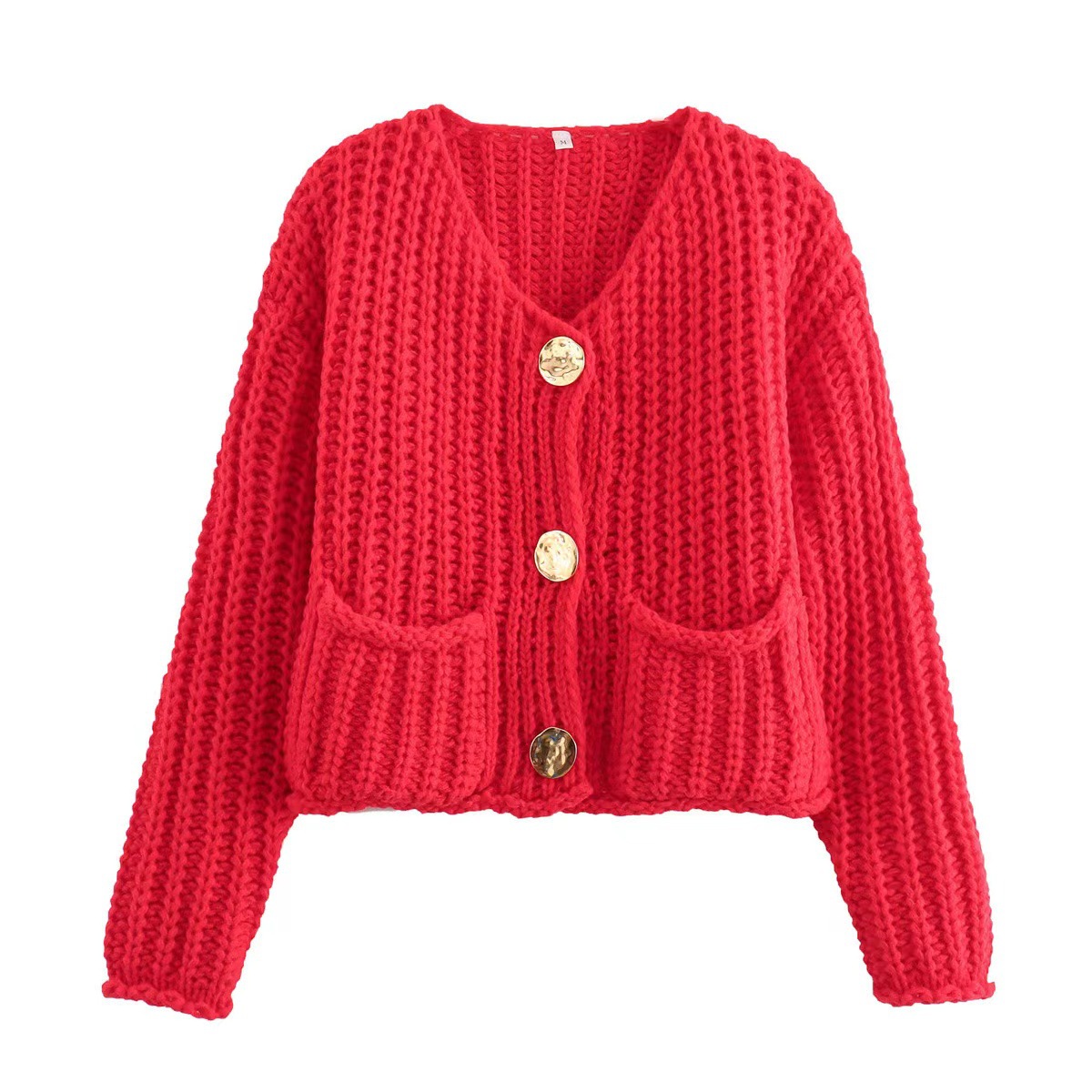 Women's Solid Color Single-Breasted Cropped Chunky Knit Cardigan Sweater