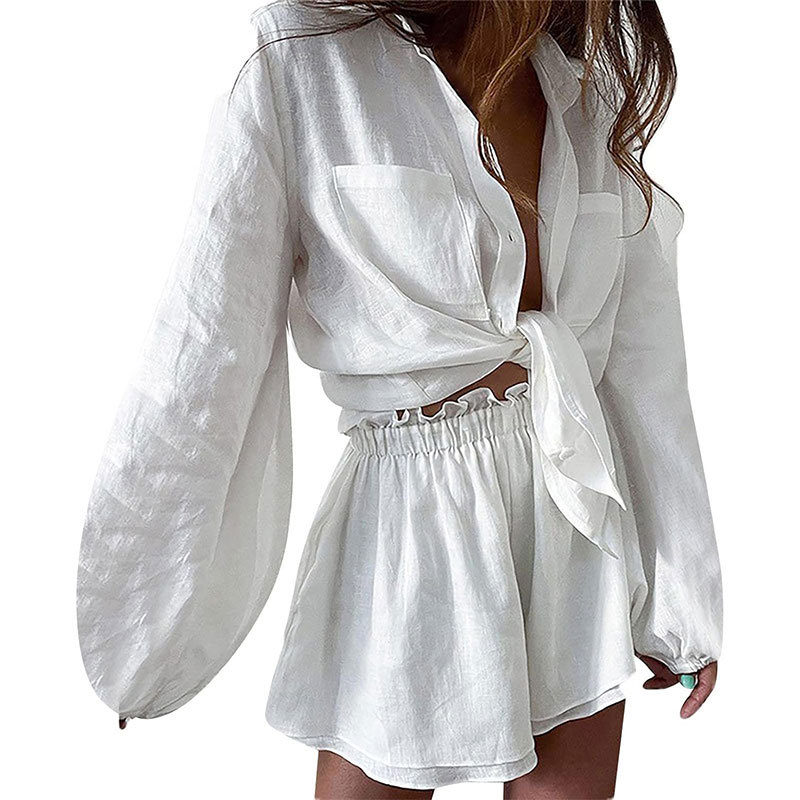 Women's Solid Ruffle Shirt and Shorts Casual Set